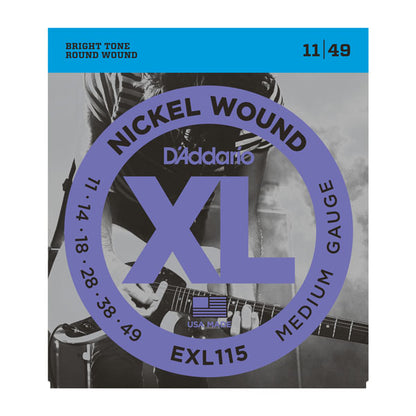 D'Addario EXL115 guitar string set packaging with a musician playing guitar in the background.