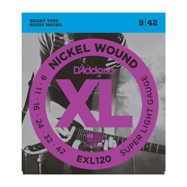 D'Addario Nickel Wound XL guitar string set packaging with a musician playing guitar in the background.