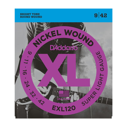 D'Addario Nickel Wound XL guitar string set packaging with a musician playing guitar in the background.