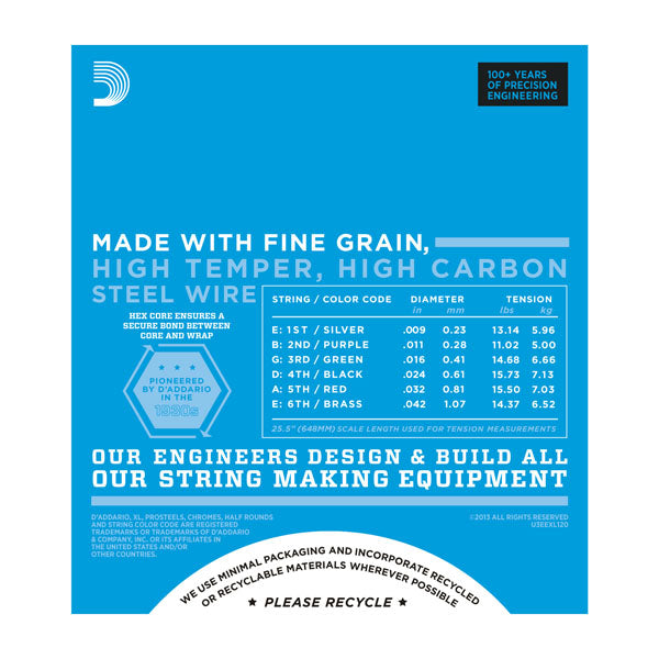 Product label with text about string specifications and engineering details on a blue background
