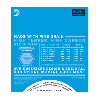 Product label with text about string specifications and engineering details on a blue background