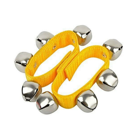 Yellow wrist band with silver jingles on a white background