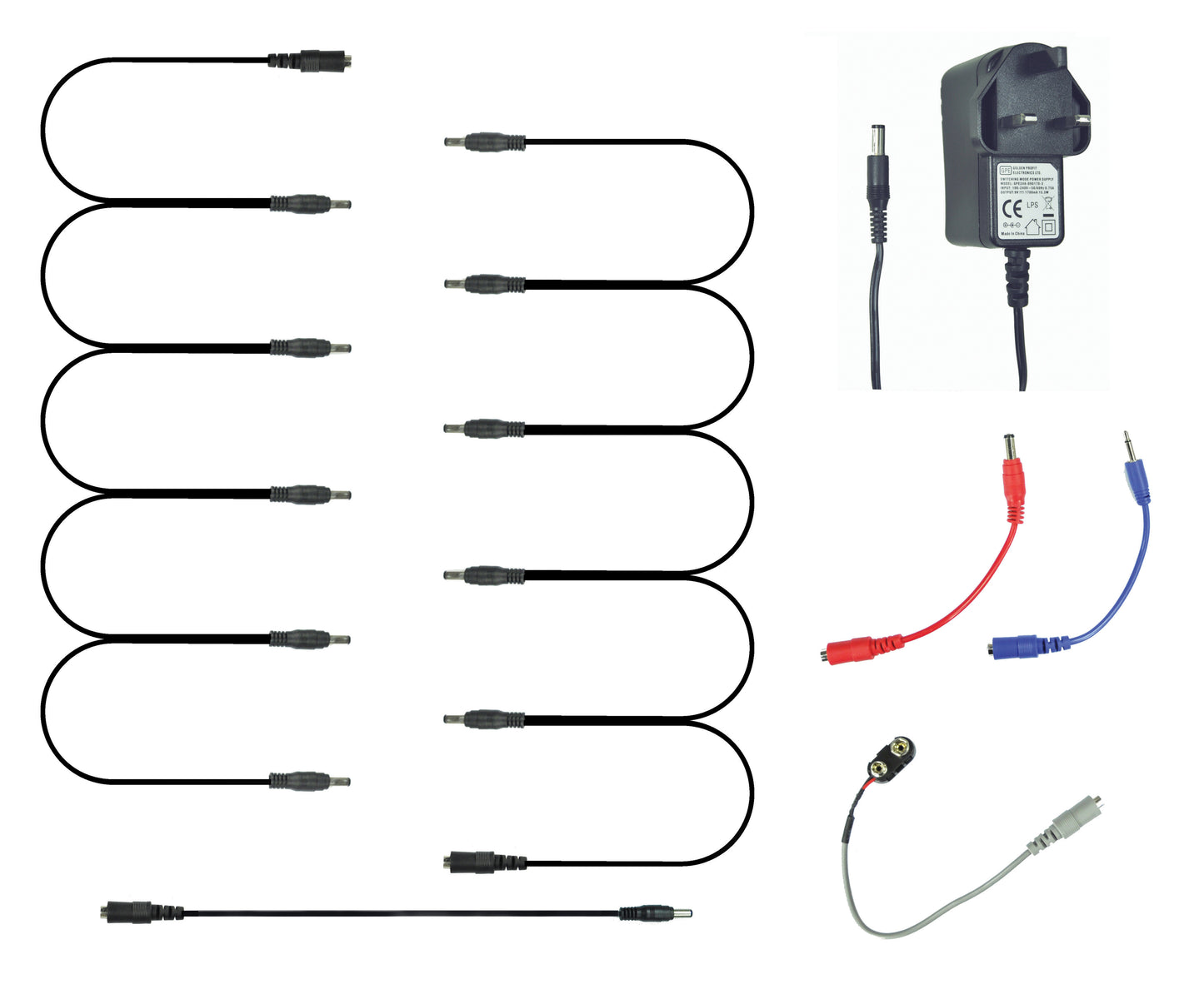 Set of electronic cables and connectors on a white background