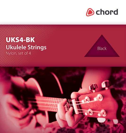 Ukulele strings packaging with 'chord' brand and ukulele playing in the background