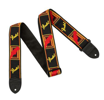 Fender guitar strap with red and yellow design on a white background