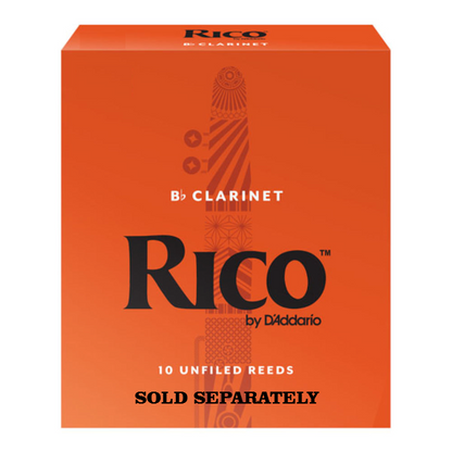 Orange box of Rico Bb clarinet reeds with branding on a white background