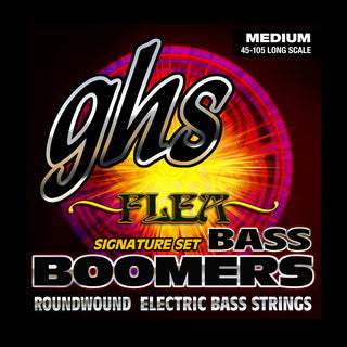 GHS Flea Bass Boomers electric bass strings packaging with vibrant design on a black background