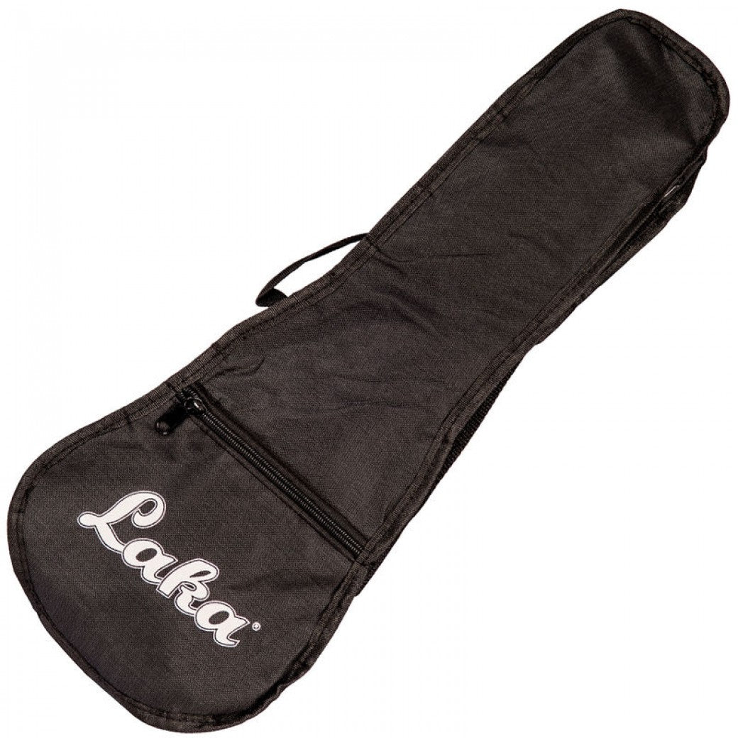 Black guitar case with 'Laka' branding on a white background