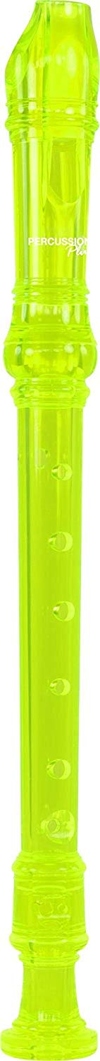 Green recorder with black keys on a white background