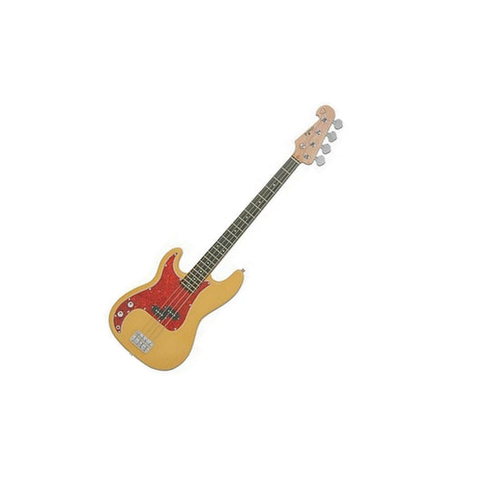 Electric bass guitar with a butterscotch finish and orange/brown pickguard, black pickups and silver hardware. 