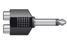 2 RCA to mono jack connector with plastic shell on a white background
