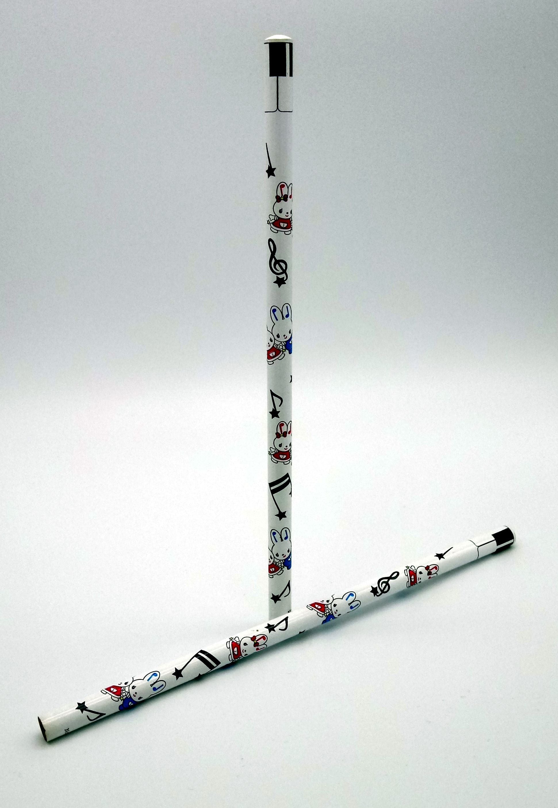 Two pencils with decorative designs of notes, treble clefs and cute rabbits/bunnies on a white background