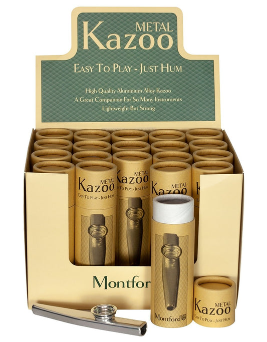 Display box of Montfor Metal Kazoo with product packaging.