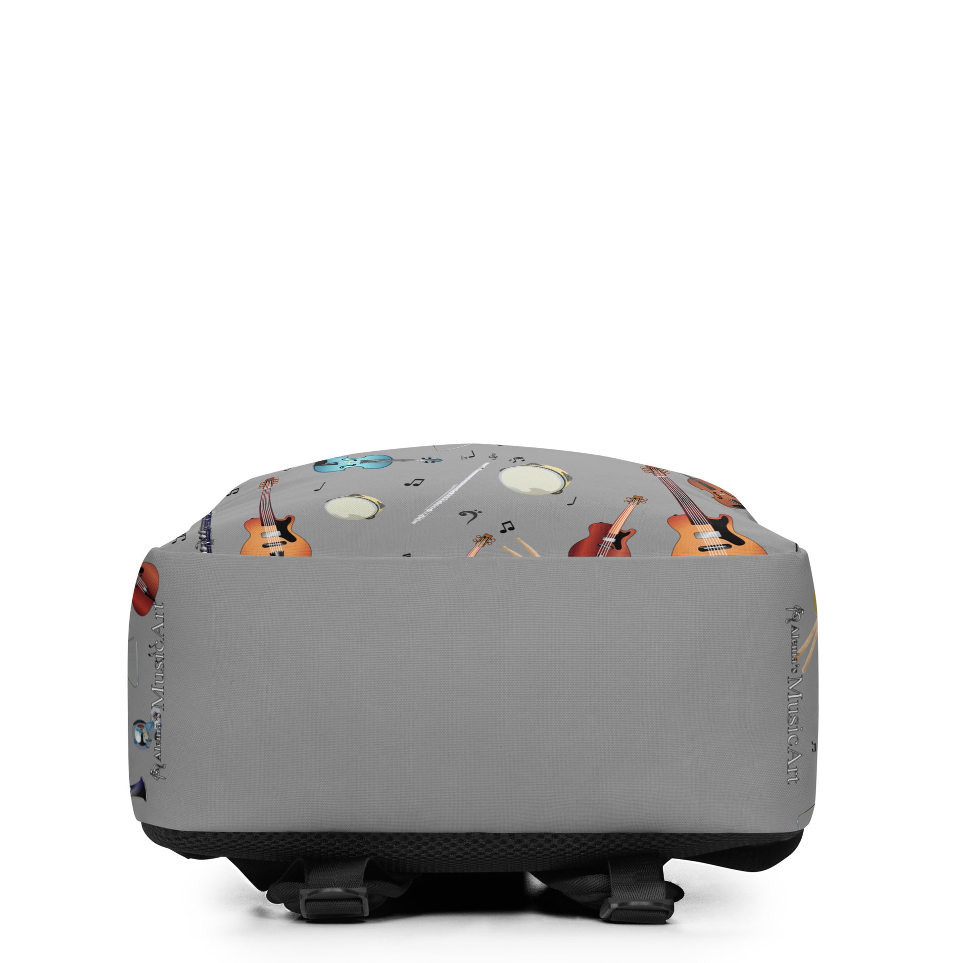 Bottom view of the grey pack pack with guitar pattern on a white background