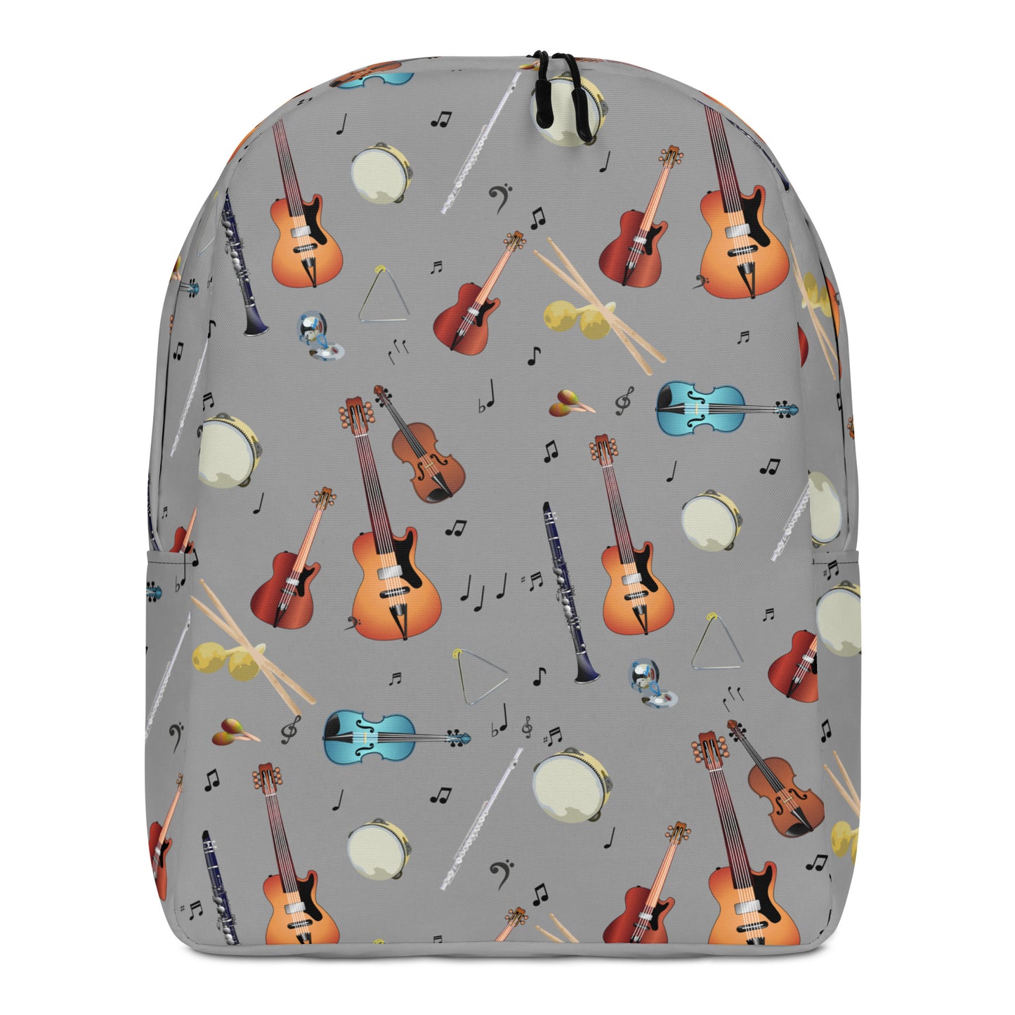 Backpack with musical instrument pattern on a gray background