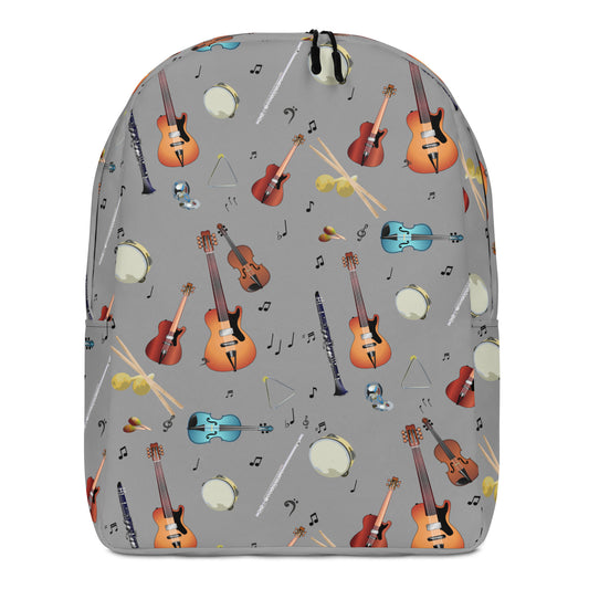 Backpack with musical instrument pattern on a gray background
