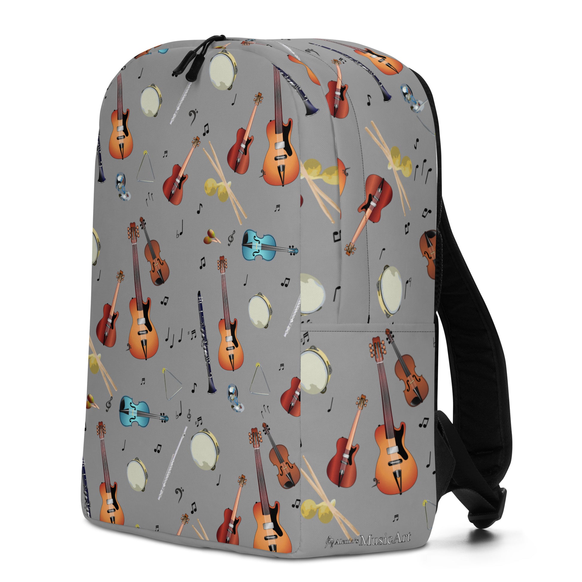 Left view of the back pack with musical instruments and musical notes pattern. 