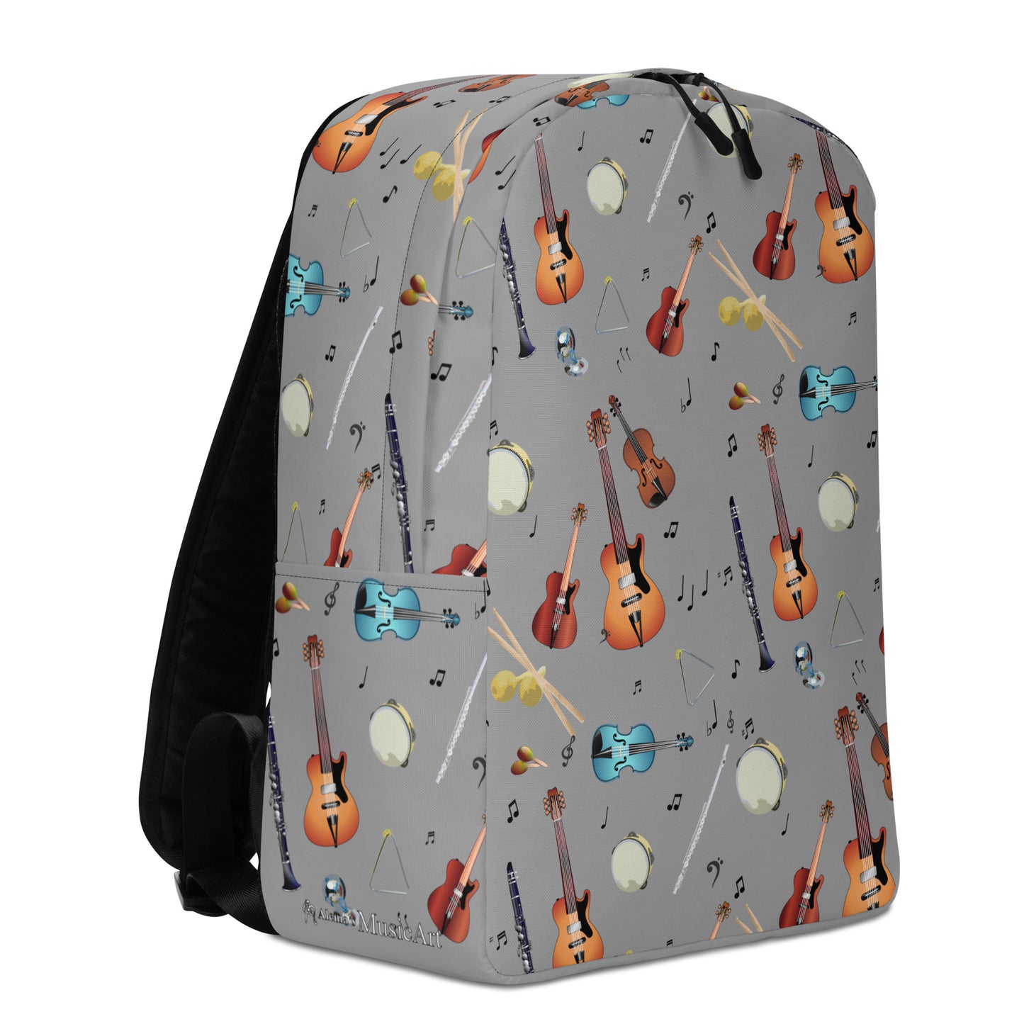 Right view of the grey back pack with musical instruments and musical notes pattern. 