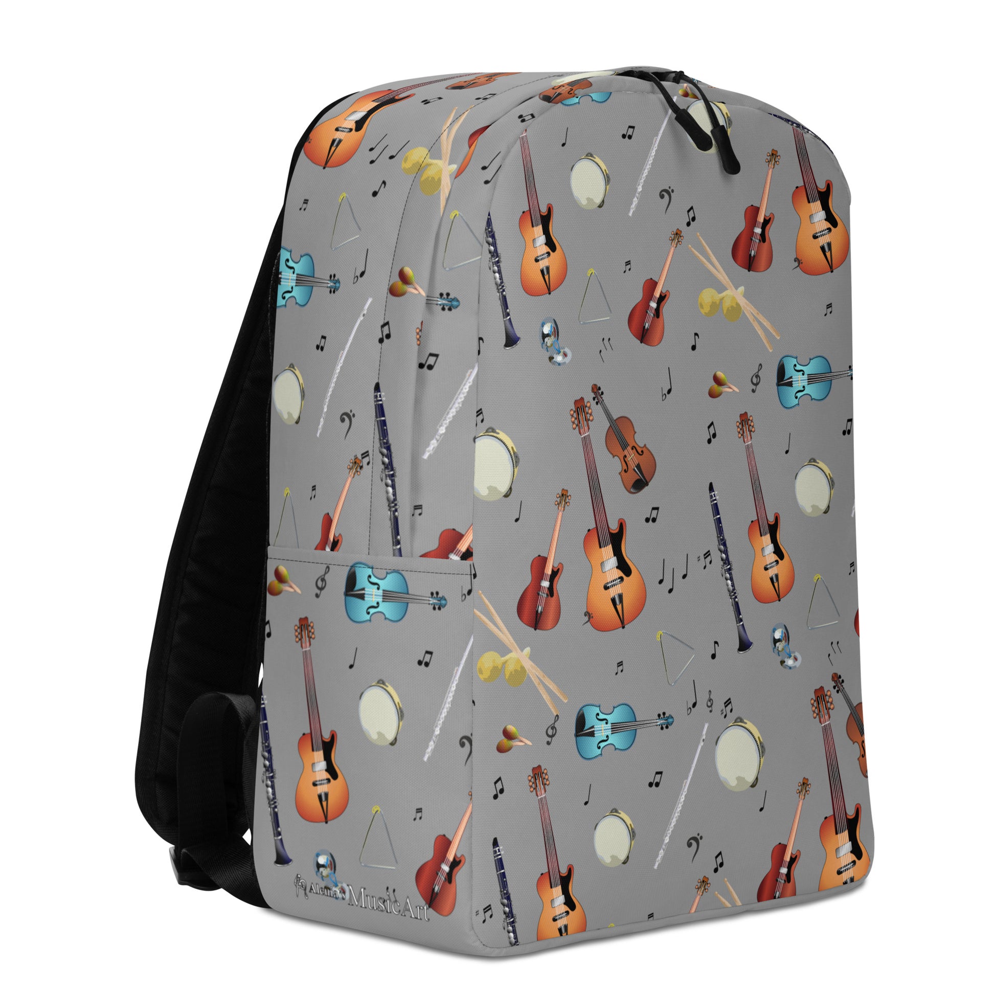 Right view of the grey back pack with musical instruments and musical notes pattern. 