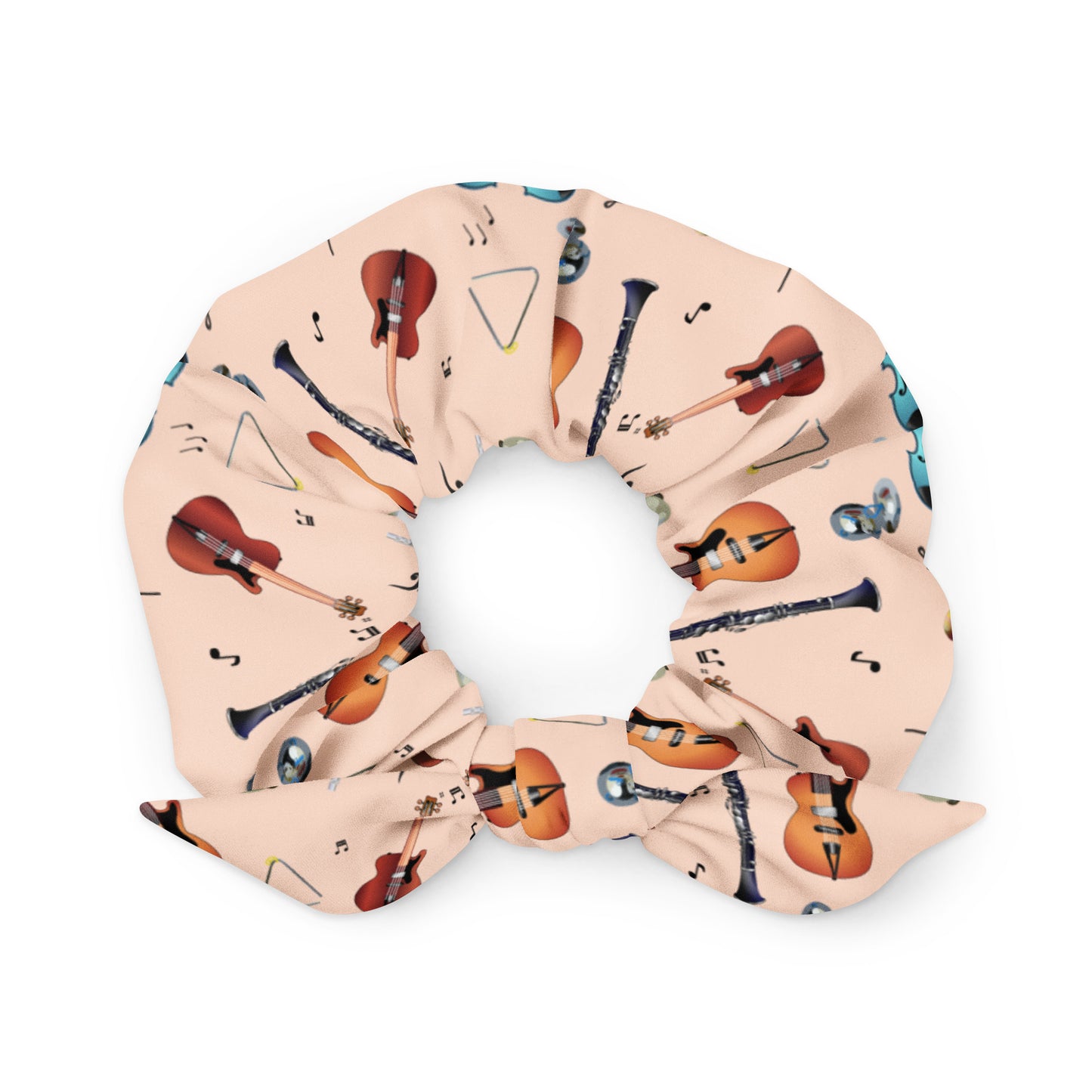 Scrunchie with musical instrument pattern on a white background
