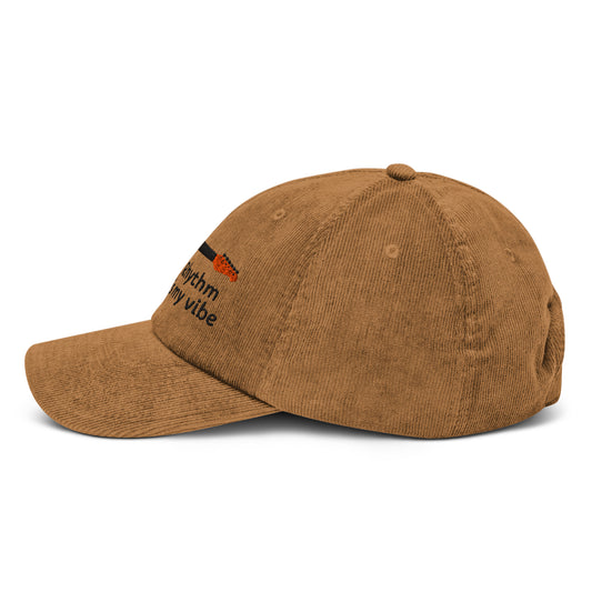 Brown cap with red text on a white background