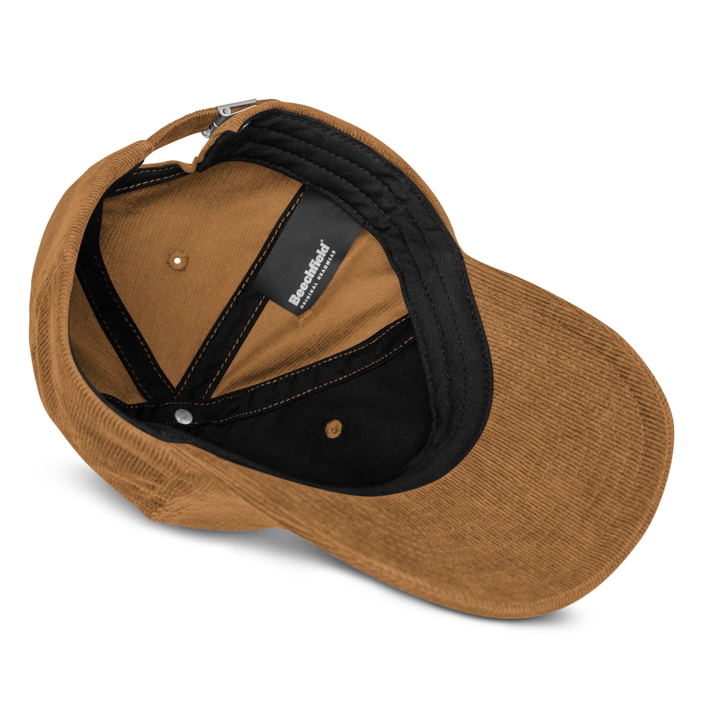 Brown and black cap with a visible brand logo on a white background