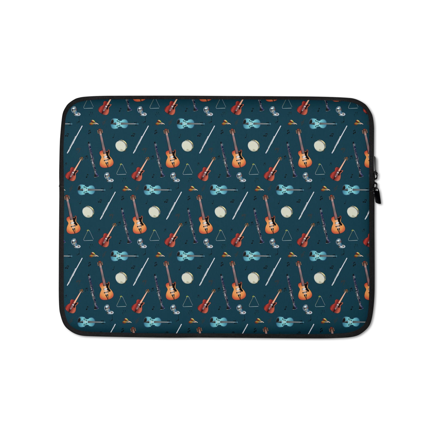 Laptop sleeve with musical notes, guitar, bass guitar, flute, tambourine, triangle and clarinet  pattern on a blue/green background