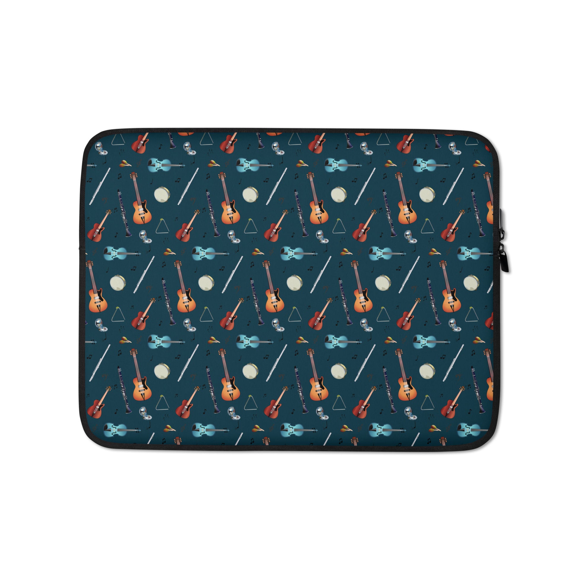 Laptop sleeve with musical notes, guitar, bass guitar, flute, tambourine, triangle and clarinet  pattern on a blue/green background