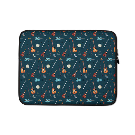 Laptop sleeve with musical notes, guitar, bass guitar, flute, tambourine, triangle and clarinet  pattern on a blue/green background