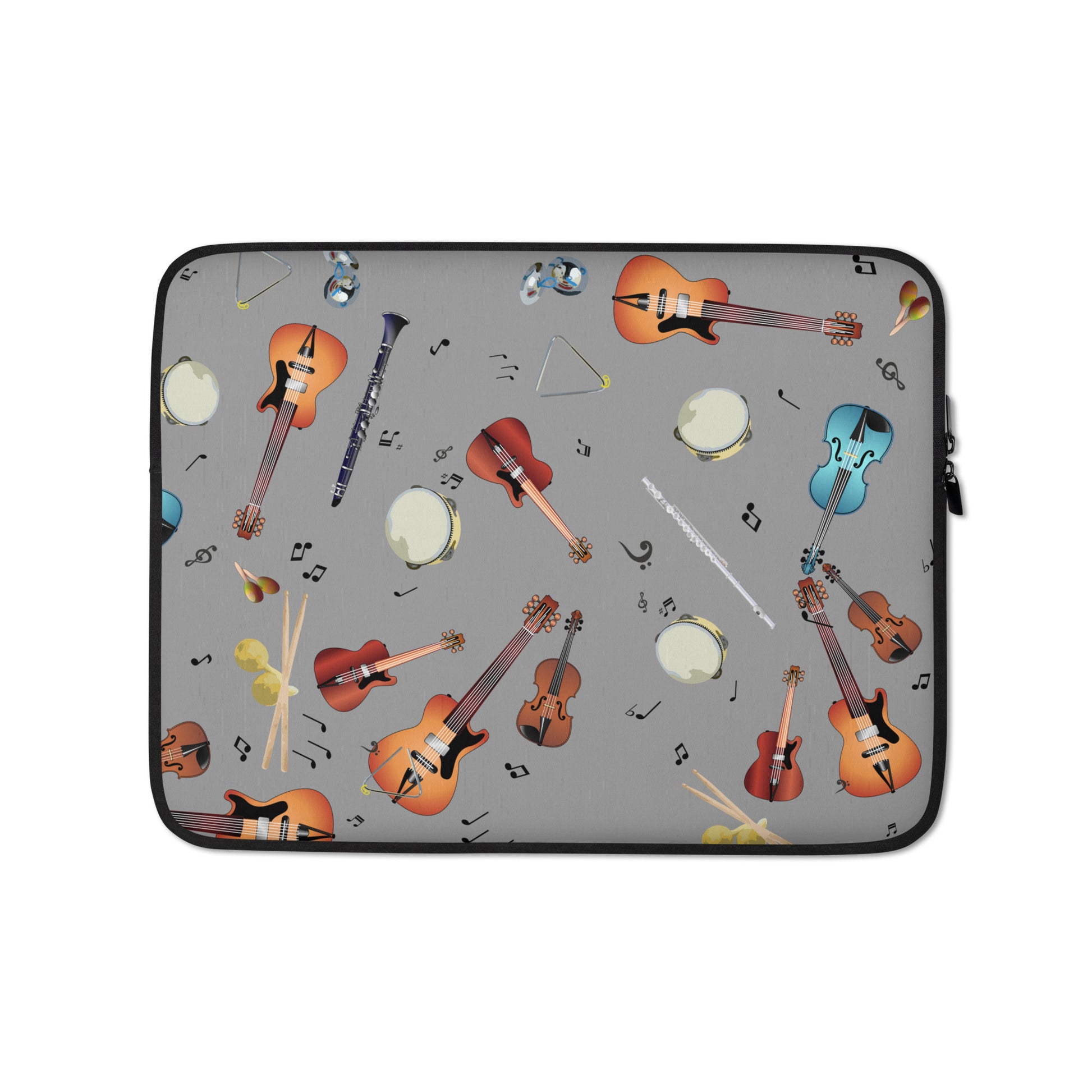 Laptop sleeve with musical instrument pattern on a gray background