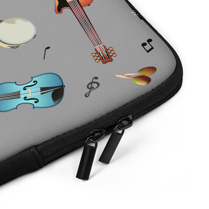 Gray laptop case with musical instrument design on a white background