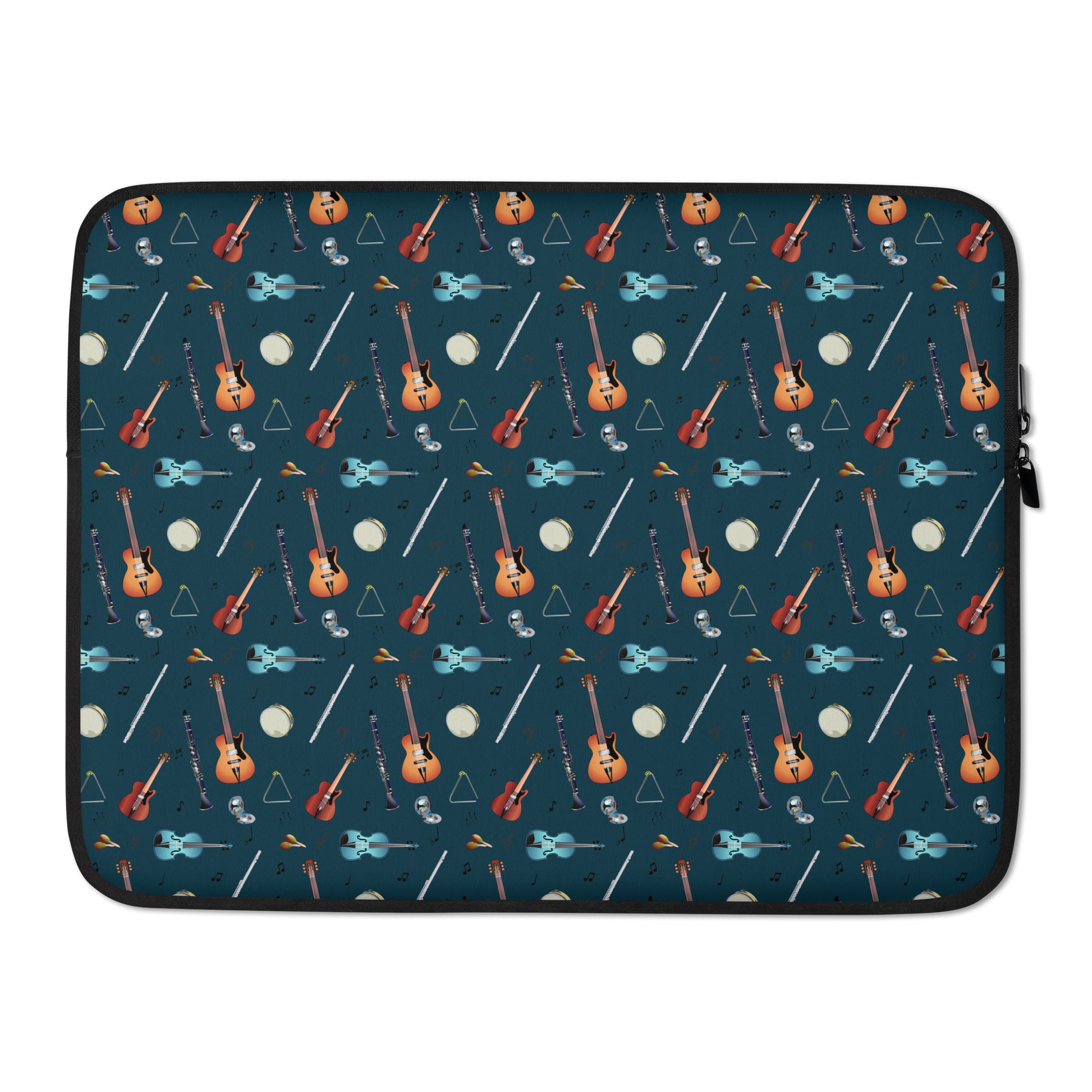 Laptop sleeve with musical notes, guitar, bass guitar, flute, tambourine, triangle and clarinet  pattern on a blue/green background