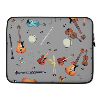 Laptop sleeve with musical instrument pattern on a gray background