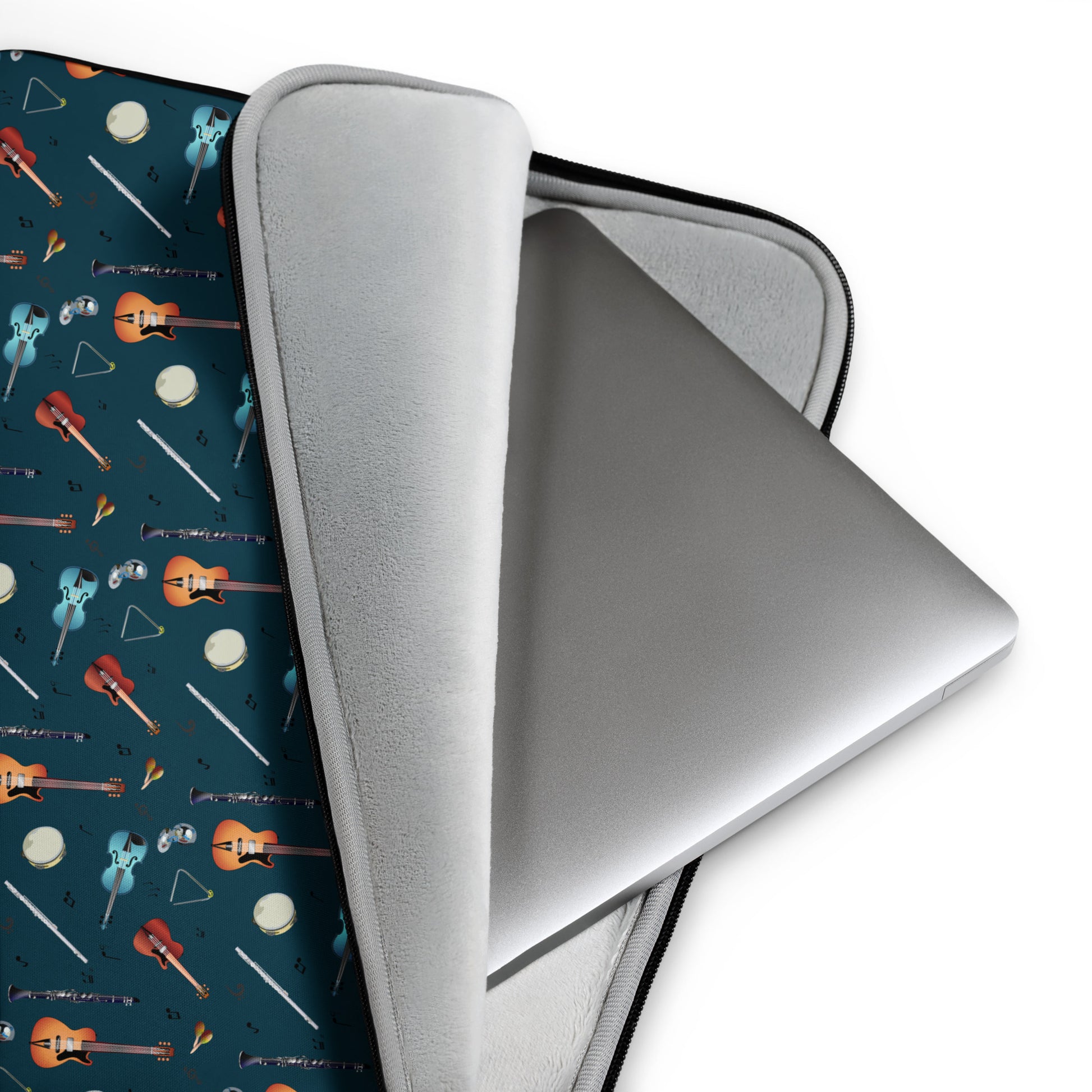 Laptop sleeve with musical instrument pattern on a blue background