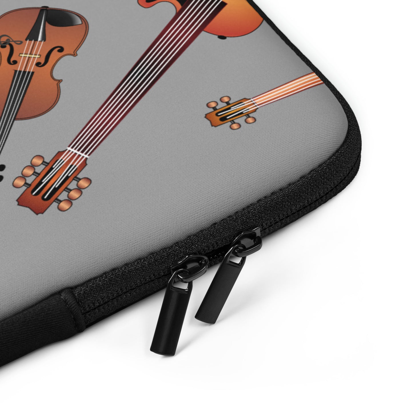 Gray case with guitar and violin illustrations on a white background