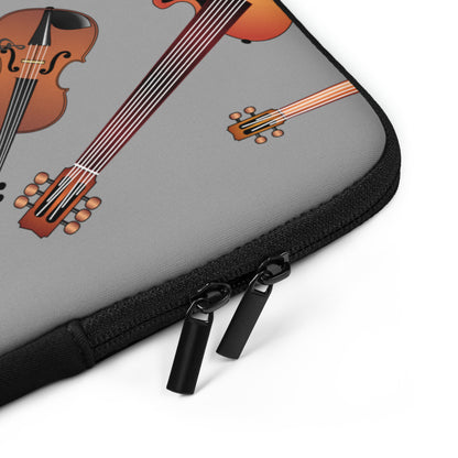 Gray case with guitar and violin illustrations on a white background