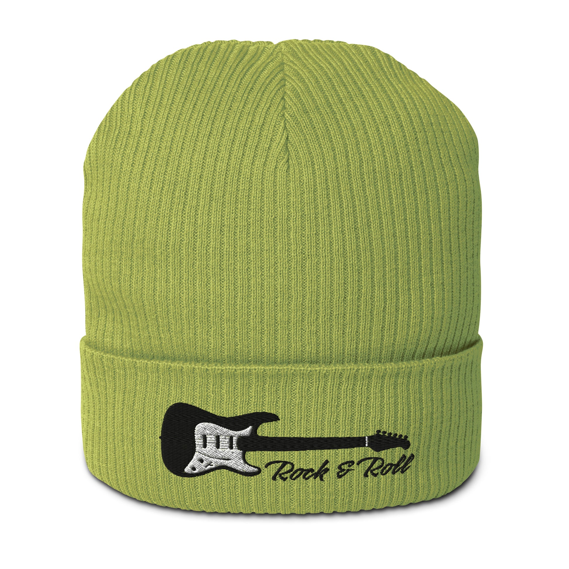 Green beanie with a black guitar design and 'Rock & Roll' text on a white background