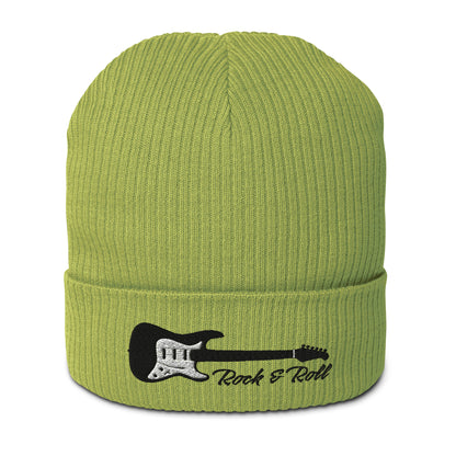 Green beanie with a black guitar design and 'Rock & Roll' text on a white background