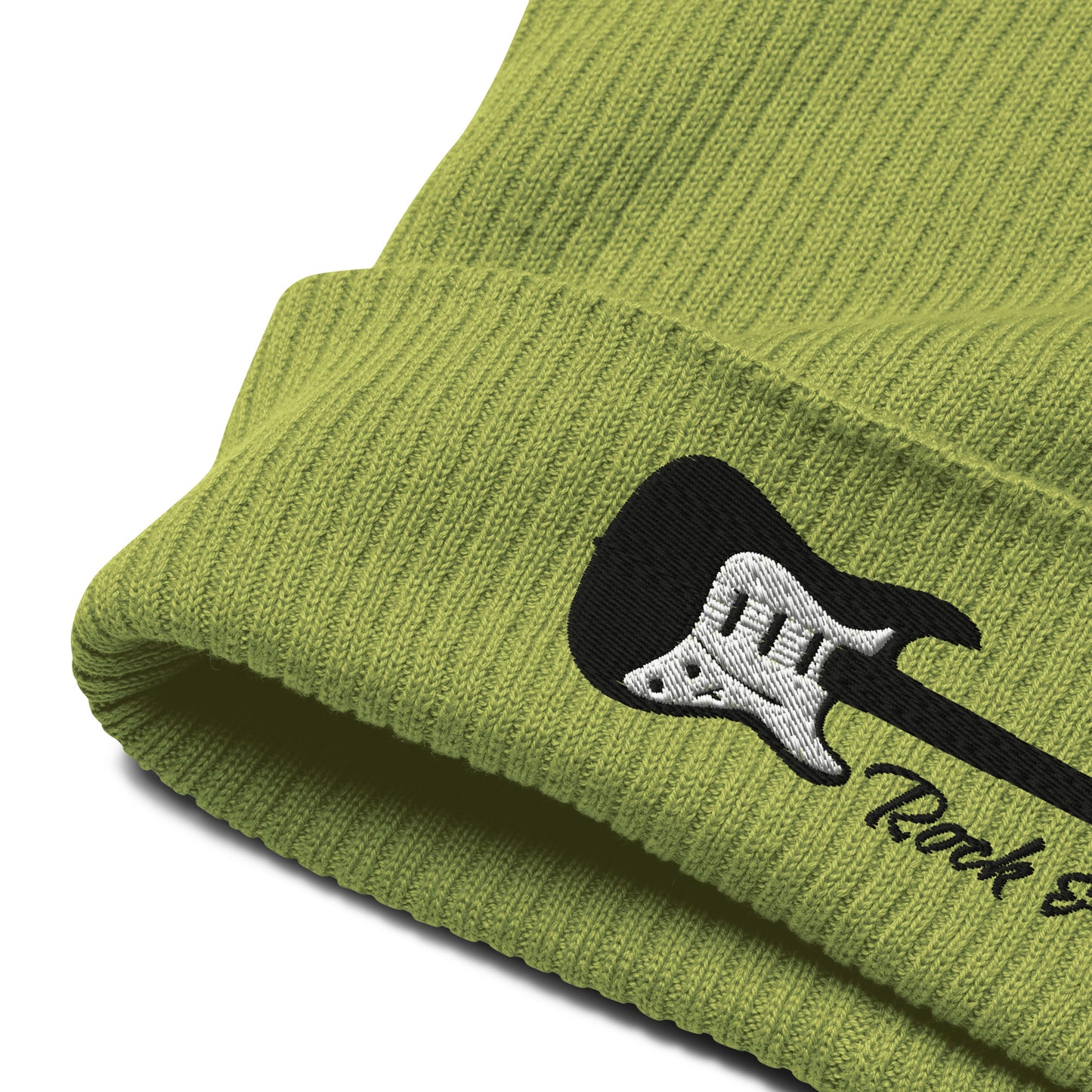 Green beanie with guitar design and 'Rock & Roll' text on a white background