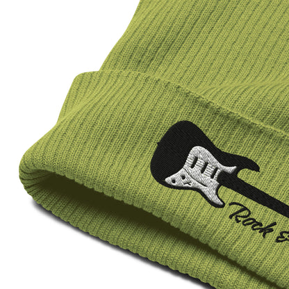 Green beanie with guitar design and 'Rock & Roll' text on a white background