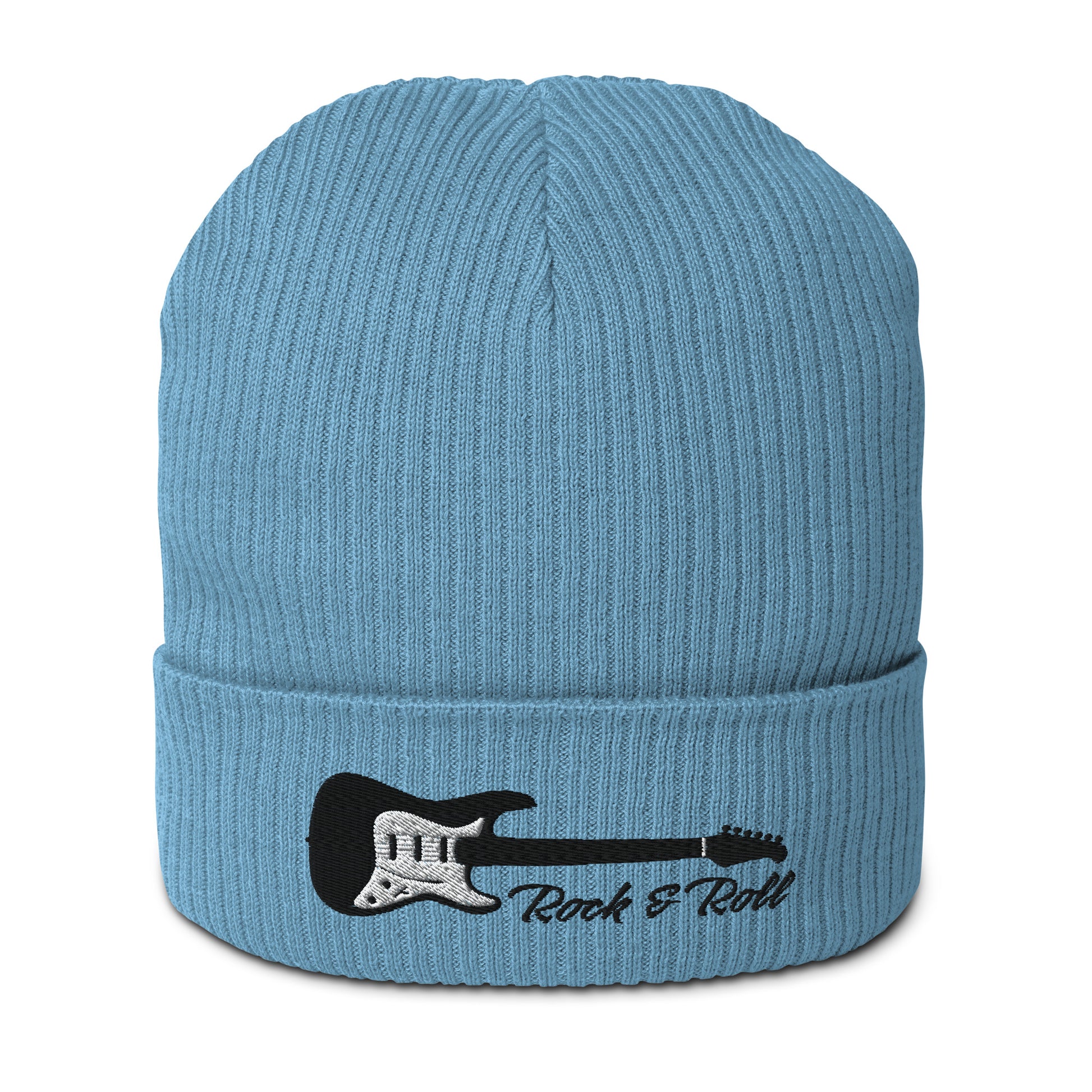 Blue beanie with a guitar design and 'Rock & Roll' text on a white background
