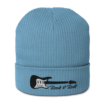 Blue beanie with a guitar design and 'Rock & Roll' text on a white background