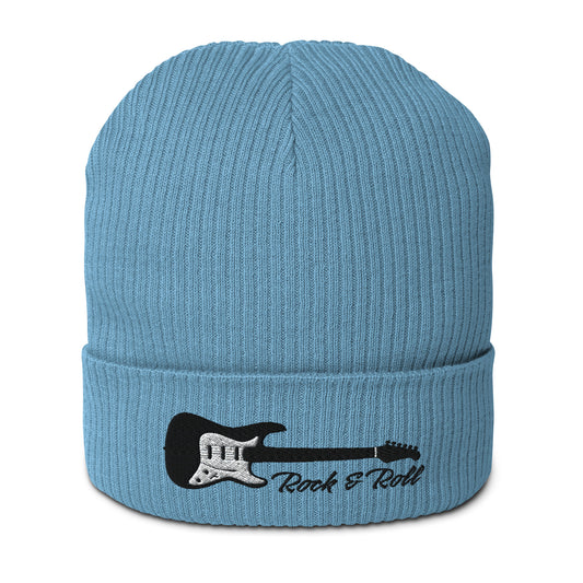 Blue beanie with a guitar design and 'Rock & Roll' text on a white background