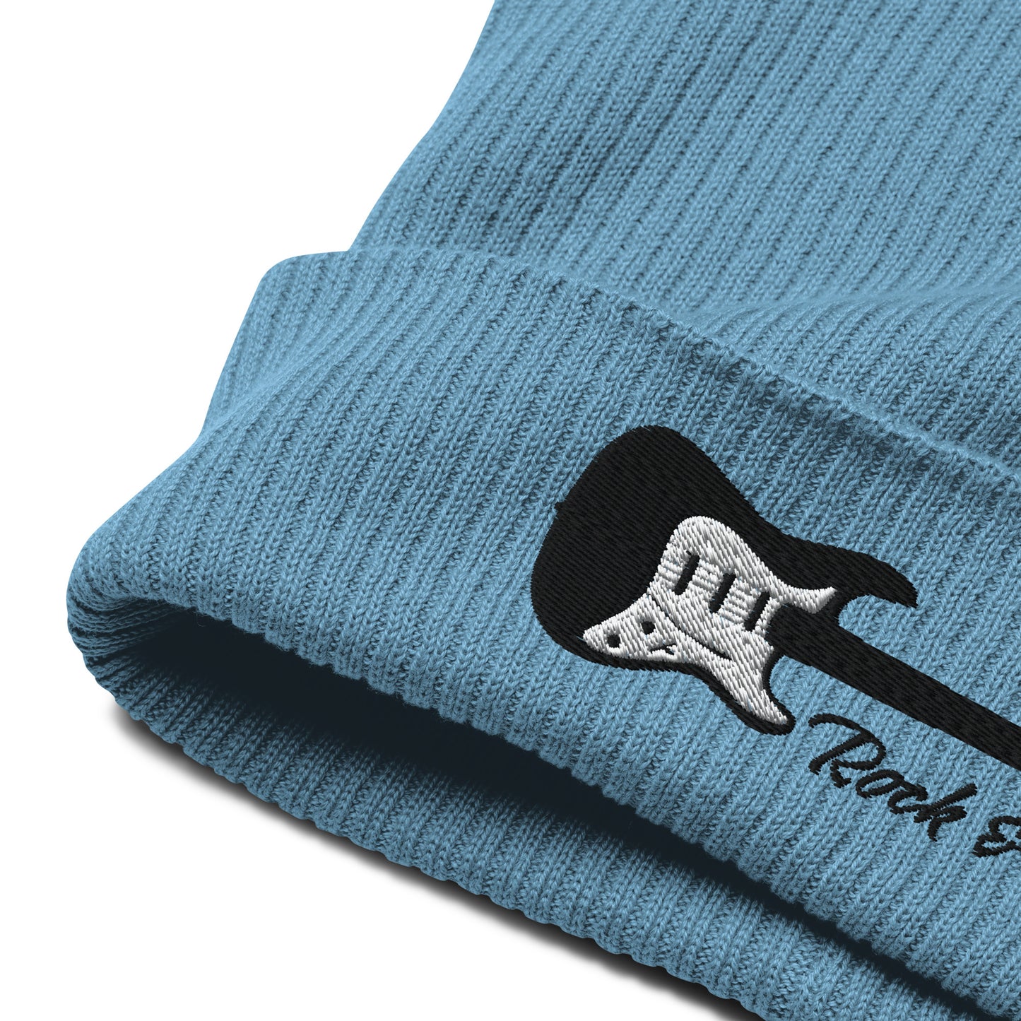 Blue beanie with guitar design and 'Rock & Roll' text on a white background