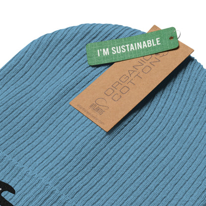 Blue fabric with a 'I'm Sustainable' tag on a white background