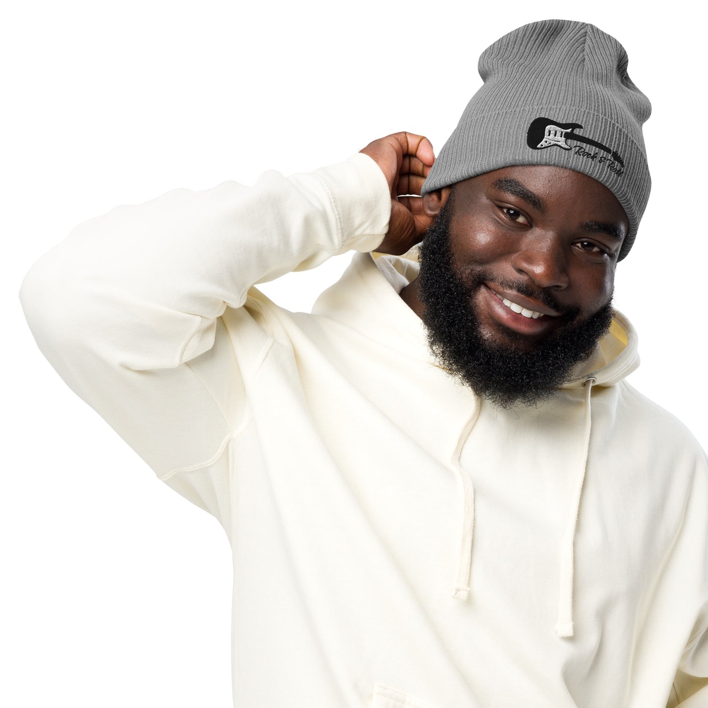 Man wearing a white hoodie and gray beanie with a logo on a white background