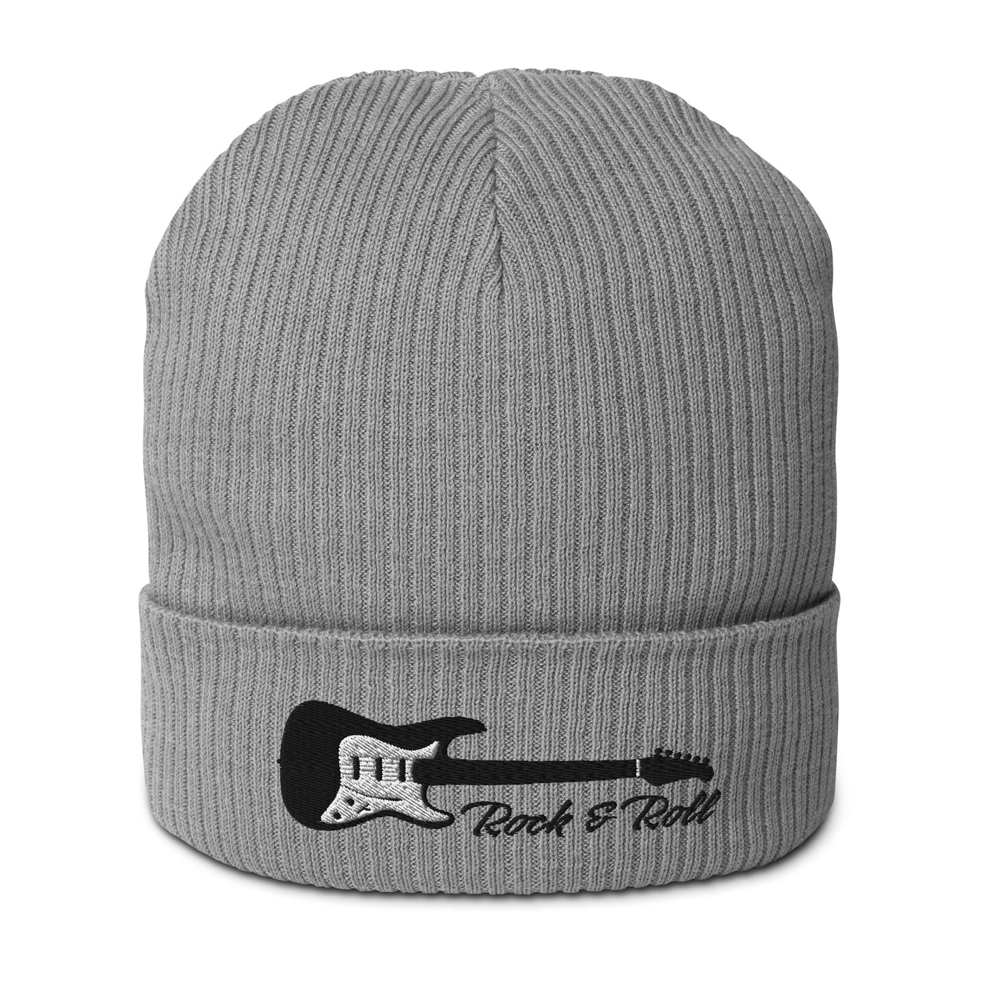 Gray beanie with black guitar design and 'Rock & Roll' text on a white background
