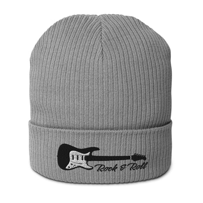 Gray beanie with black guitar design and 'Rock & Roll' text on a white background