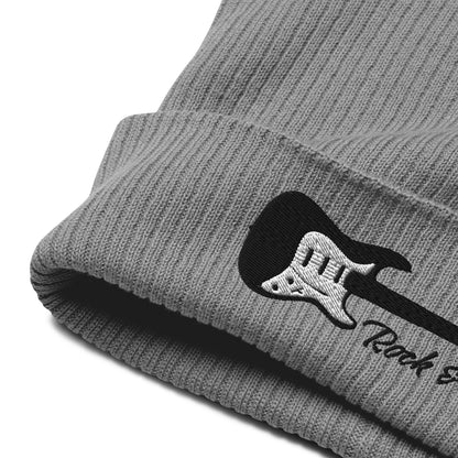Gray beanie with a black guitar design and 'Rock & Roll' text on a white background