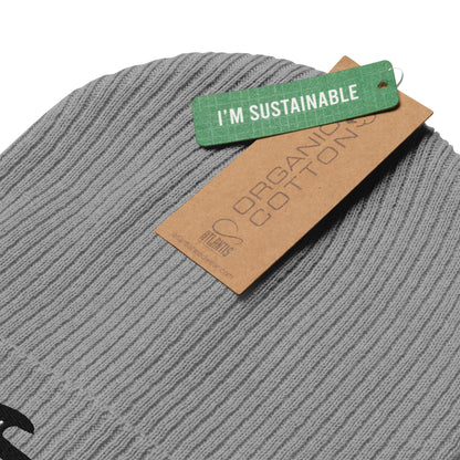Gray knit beanie with a 'I'm Sustainable' tag on a white background
